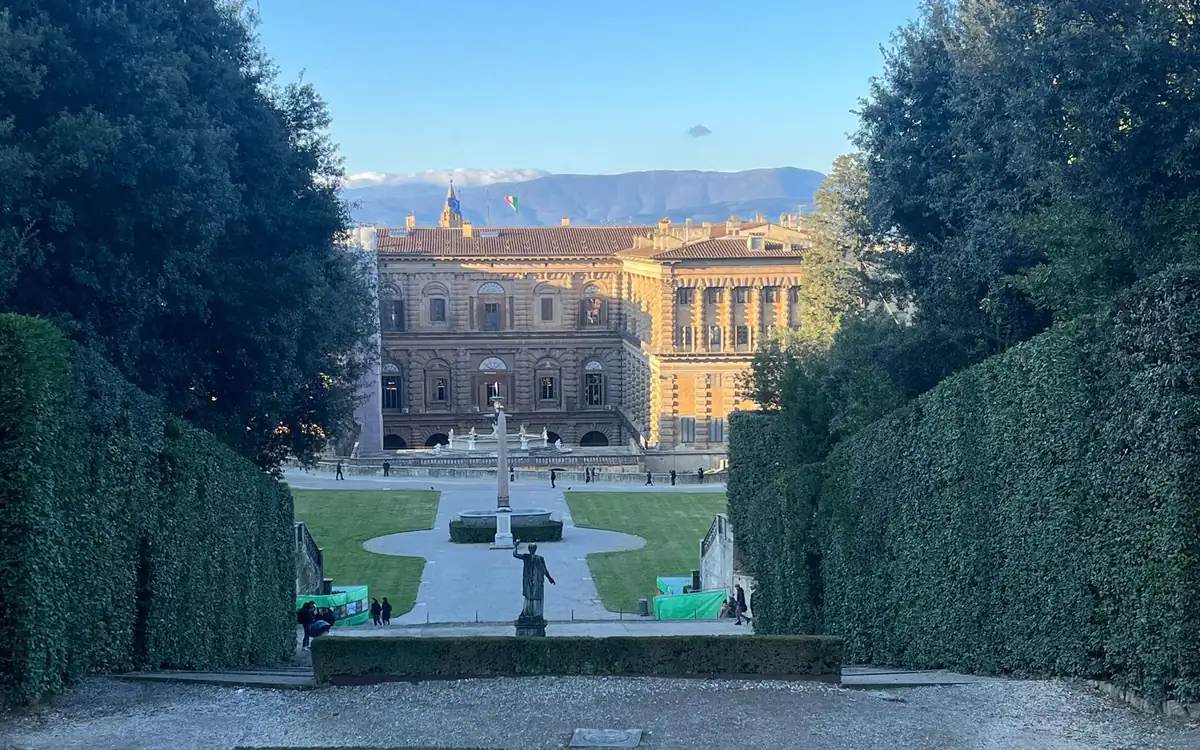 A hedged avenue in the Boboli Gardens leading down to the palace
