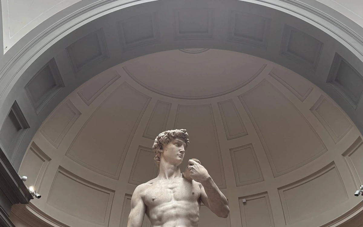 Michelangelo’s David seen from below, standing under the pale coffered vault of its niche