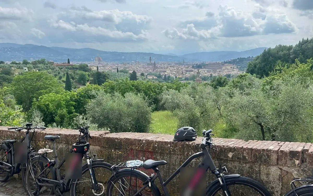 E-bikes leaning on a brick wall above olive trees, Florence beyond