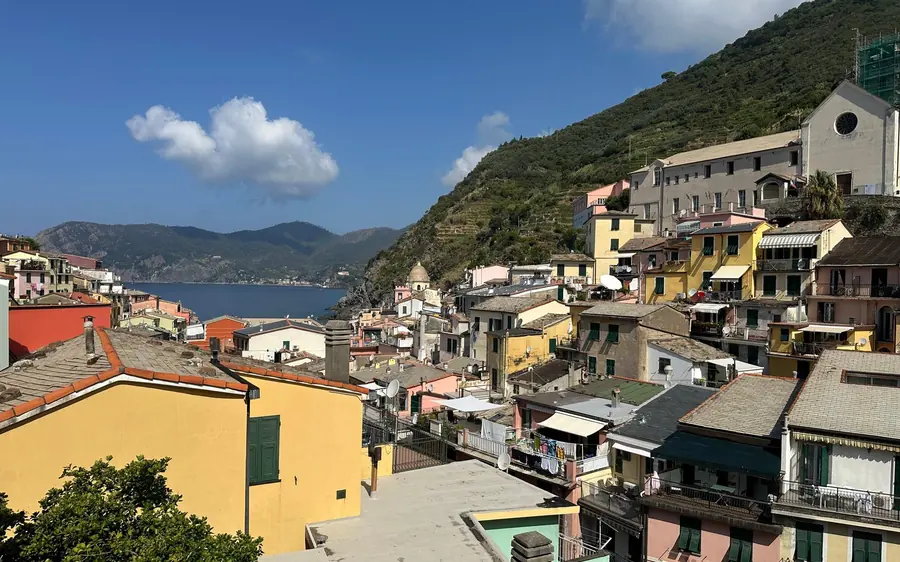 Colourful houses and a church on a green hillside above the sea