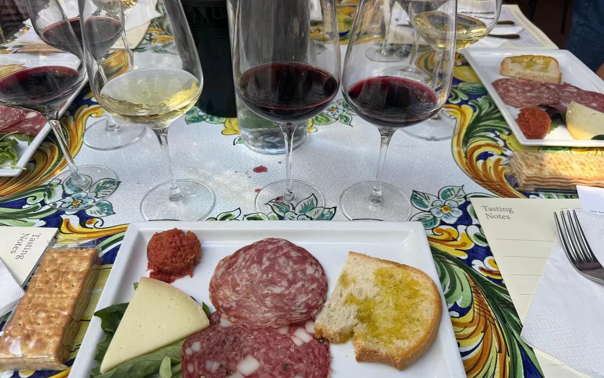 Glasses of red and white wine above a plate of salami, cheese and bread with olive oil