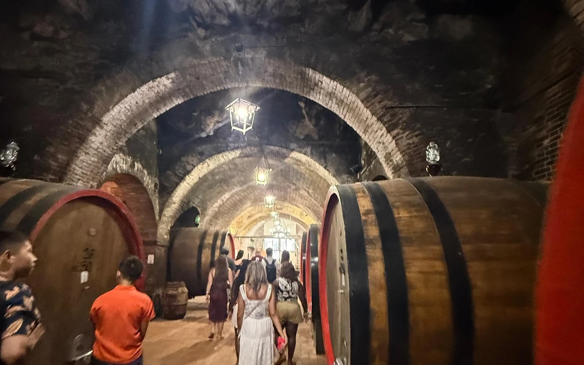 Large wine barrels under brick arches in a cellar, with visitors walking through